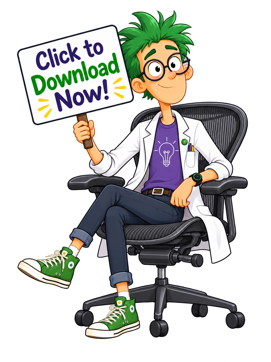 AVRET mascot holding a Click to Download Now sign