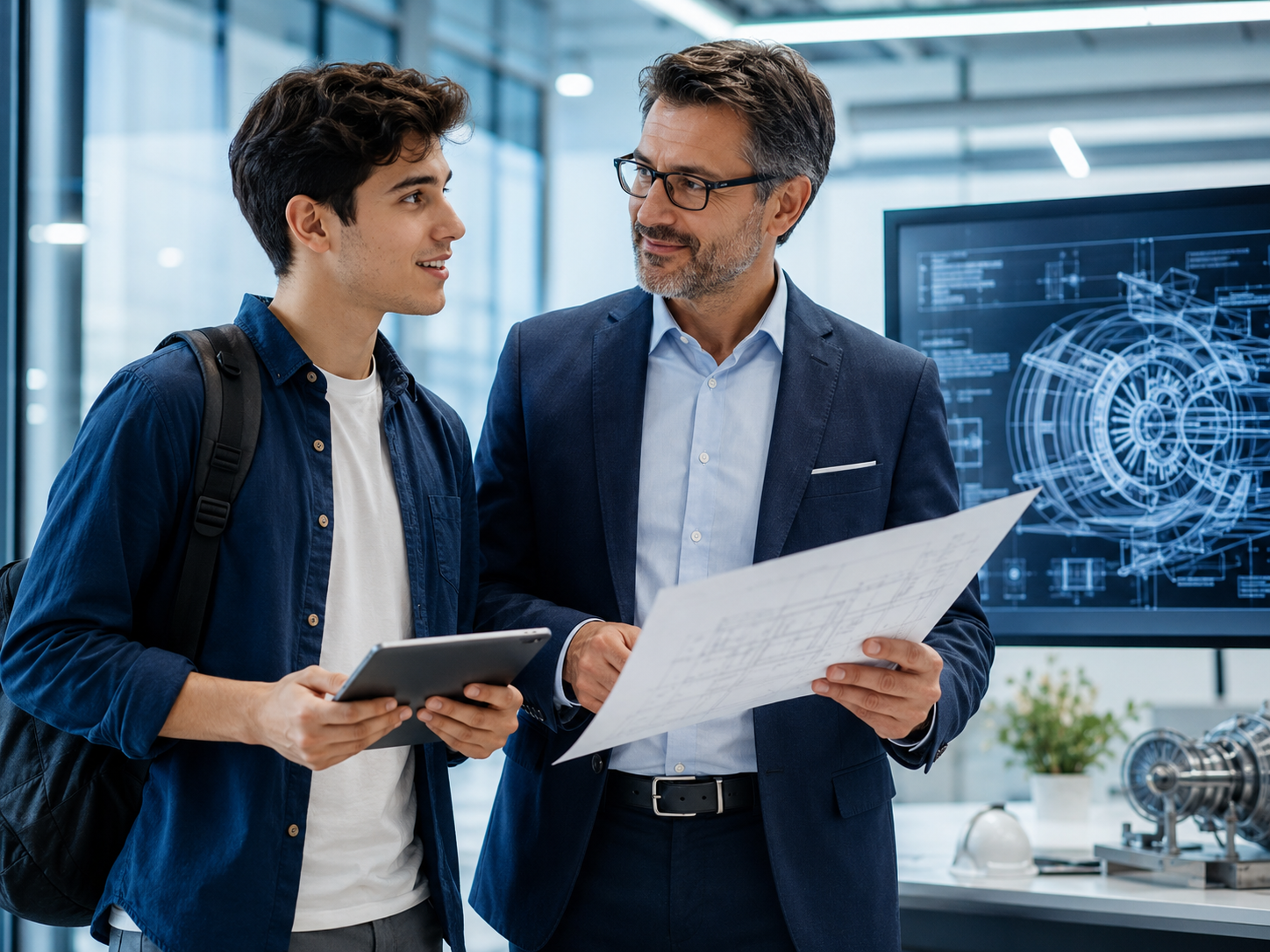 A student and a professional engineer reviewing technical work together