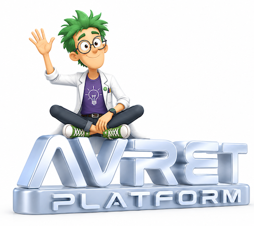 AVRET character sitting on the AVRET Platform logo
