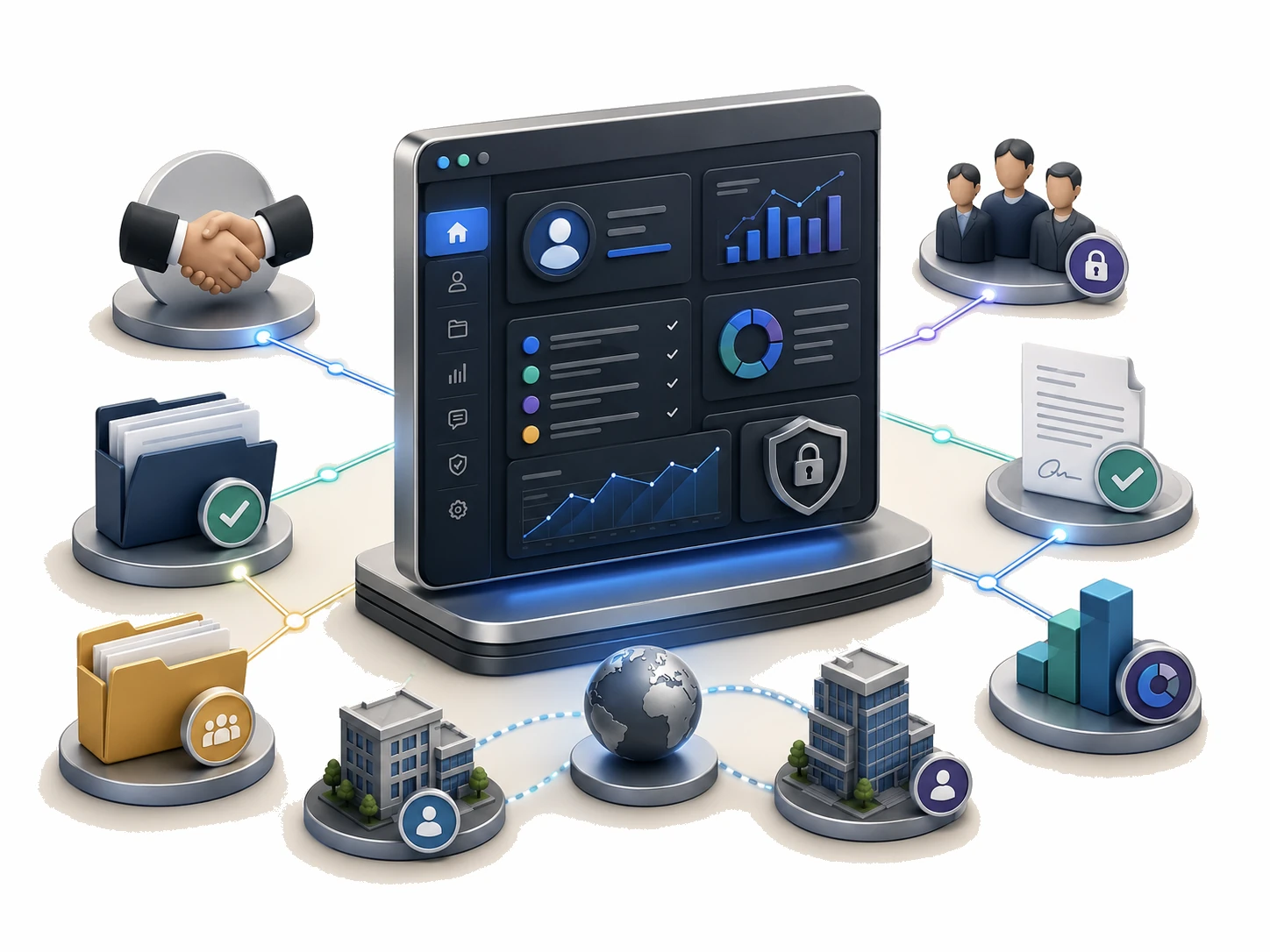 Secure partner portal connecting approved clients, shared documents, project teams, analytics, and controlled collaboration