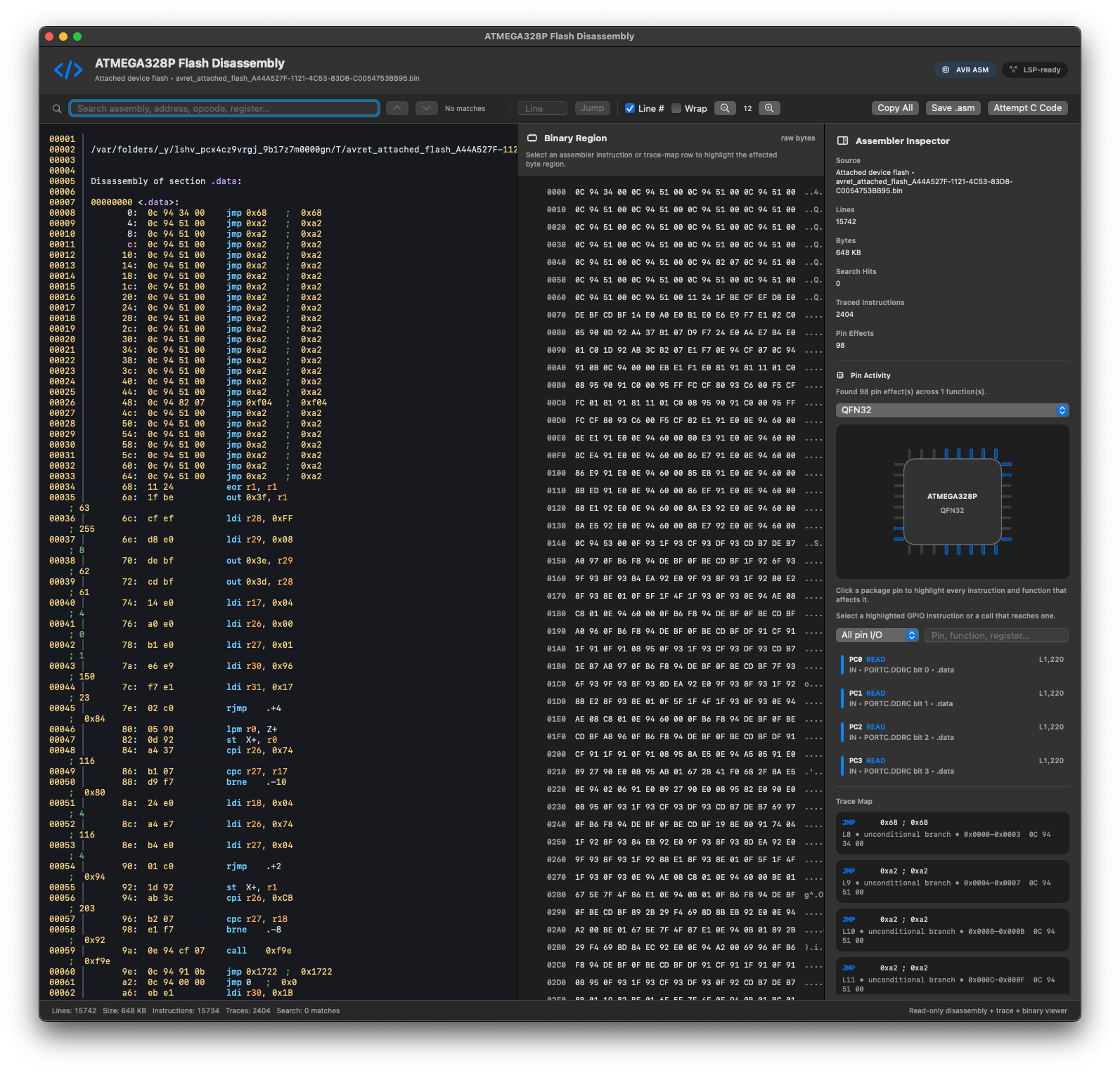 AVRET ATMEGA328P flash disassembly view with search, binary region inspection, and pin activity analysis
