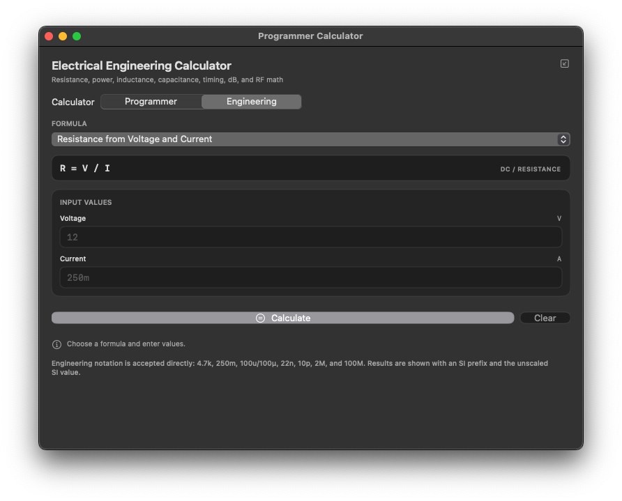 AVRET Electrical Engineering Calculator showing formula selection and engineering-value inputs