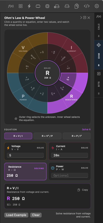 AVRET Ohm’s Law and Power Wheel showing interactive solve controls and live result output