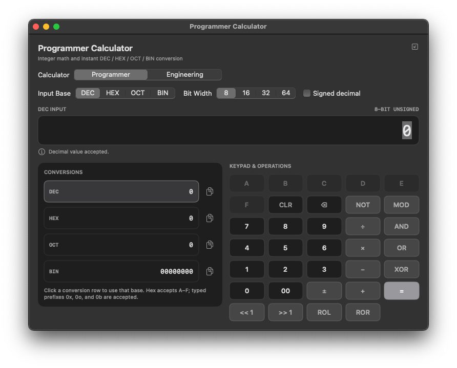 AVRET Programmer Calculator showing decimal, hexadecimal, octal, and binary conversion with keypad operations